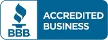 BBB Accredited Business logo, blue and white. Features torch symbol, and text 