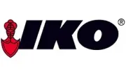 Logo for IKO, featuring black block letters and a red symbol.