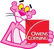 Pink Panther holding an Owens Corning product box.