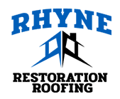 Blue and black logo: "RHYNE" above stylized house graphic, "RESTORATION ROOFING" below.
