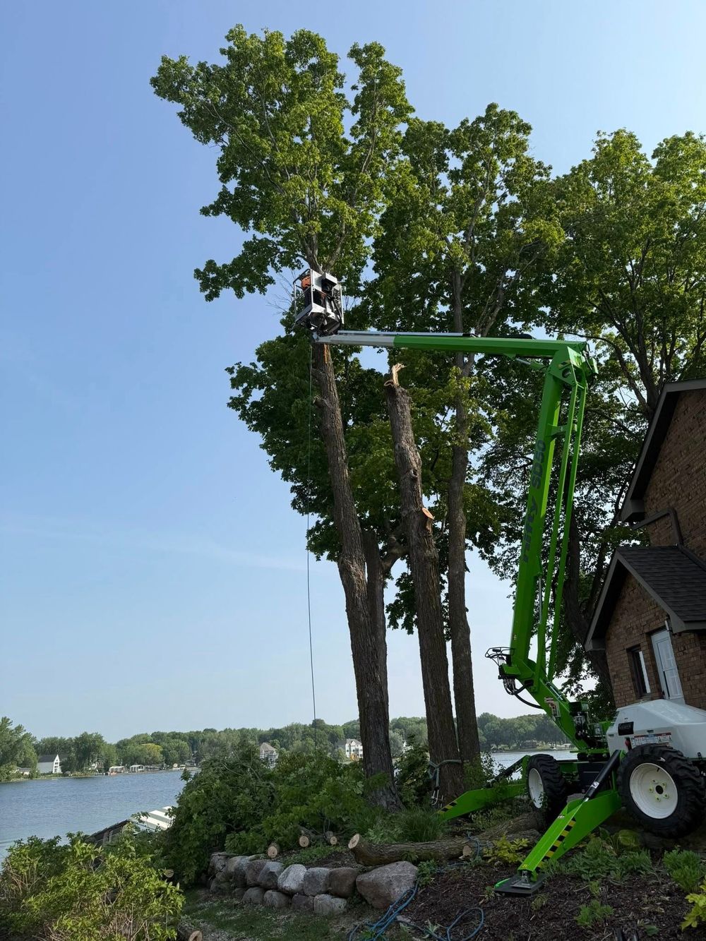Tree trimming: a worker in a lift trims branches, near a lake, next to a building.