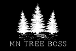 White silhouettes of three pine trees, the words 