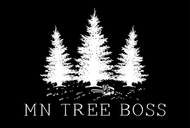 White silhouettes of three pine trees, the words 