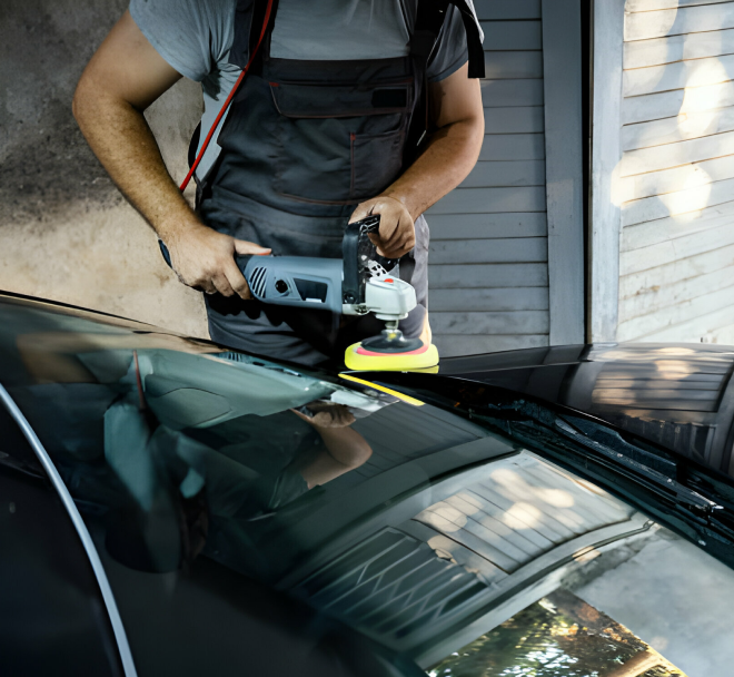 A man is polishing the windshield of a car