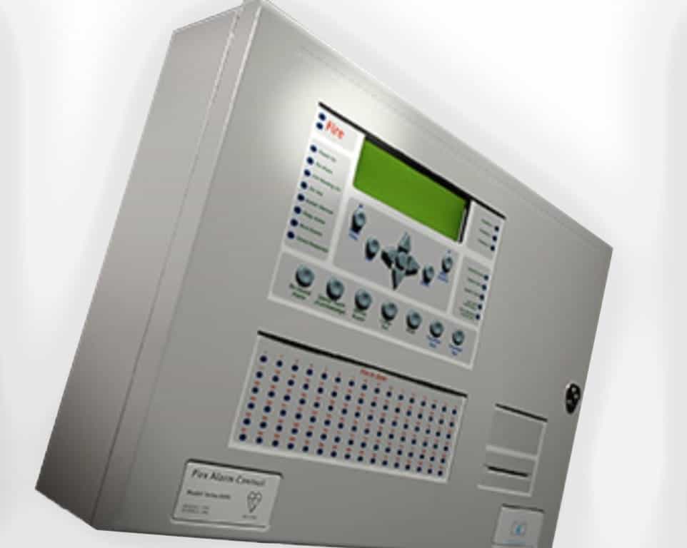 Fire alarm control panel with buttons and display screen, mounted indoors.