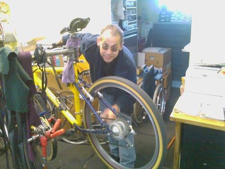 Bikes hanging in the Hamilton bicycle shop
