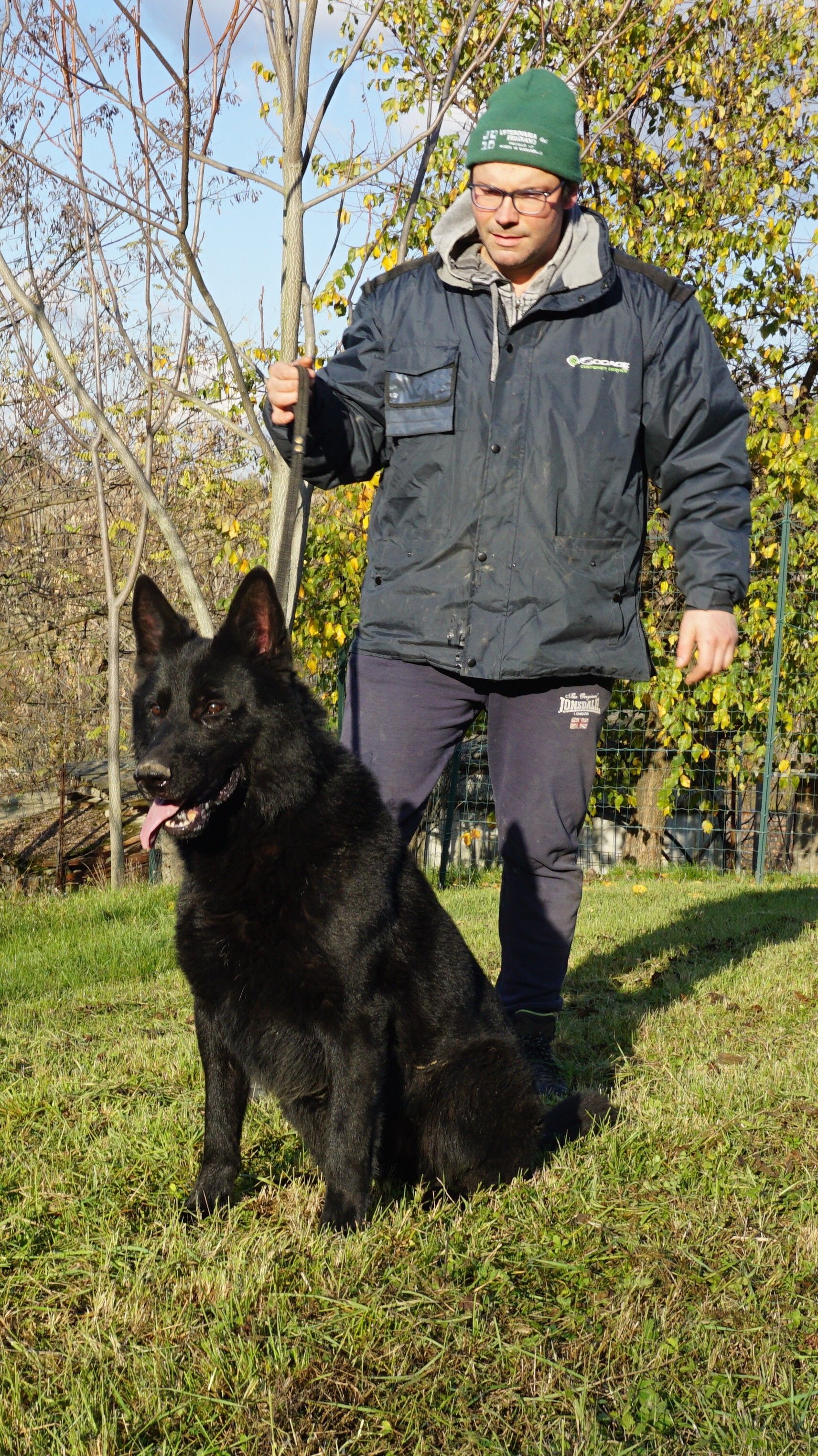 Una persona con una giacca blu è in piedi con un pastore tedesco nero in un prato all'aperto.