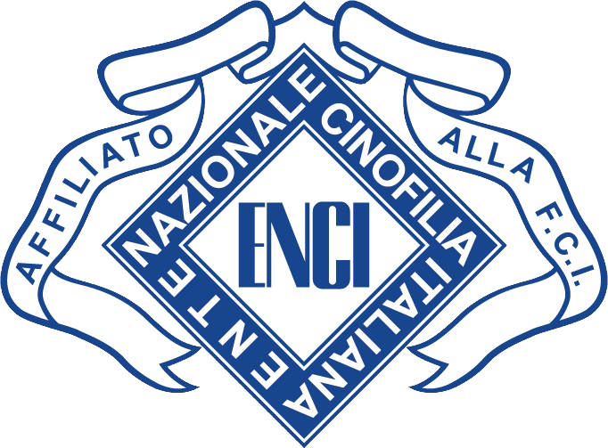 Logo of the Ente Nazionale della Cinofilia Italiana (ENCI), featuring a blue diamond with text and ribbon.