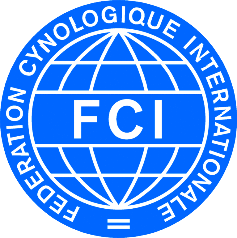 Logo blu della FCI all'interno di un cerchio, raffigurante un globo e la scritta 
