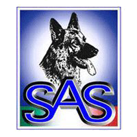 Logo SAS con pastore tedesco, testo blu, colori della bandiera italiana.