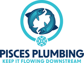 Pisces Plumbing logo: Two blue fish in a circle with a geometric shape below and company name with tagline 