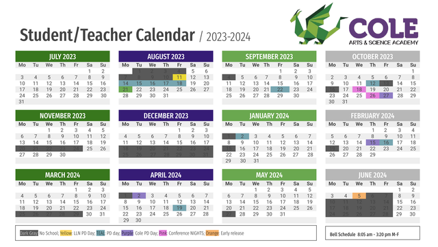 Calendar at Cole Arts & Sciences Academy Elementary School in Denver