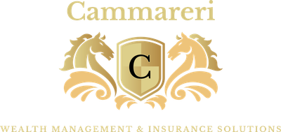 Gold logo with two horse figures flanking a shield with the letter