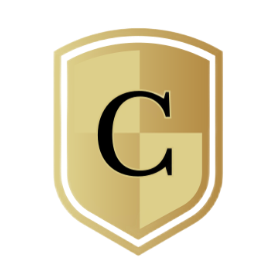 Gold shield emblem with a black letter 