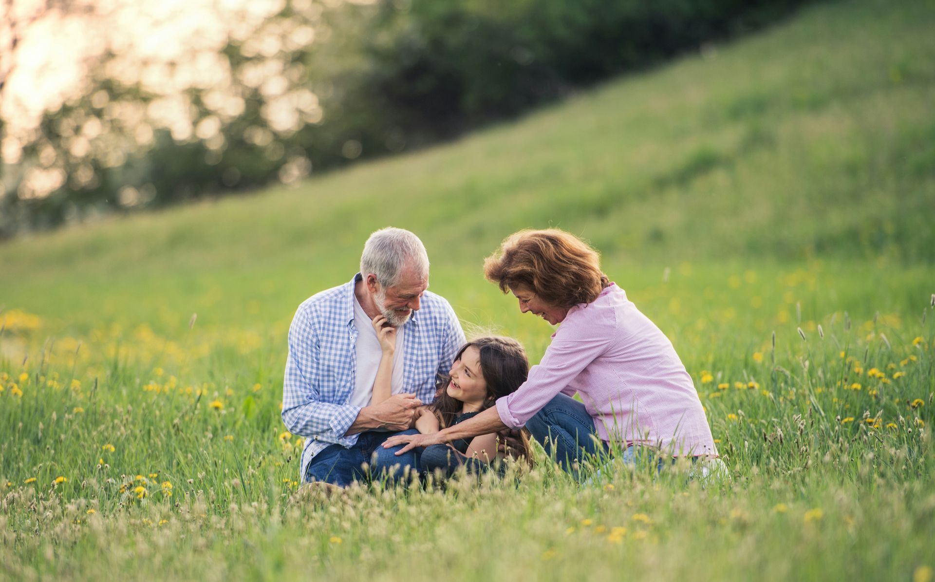 Grandparents and a child sitting in a grassy field, interacting.