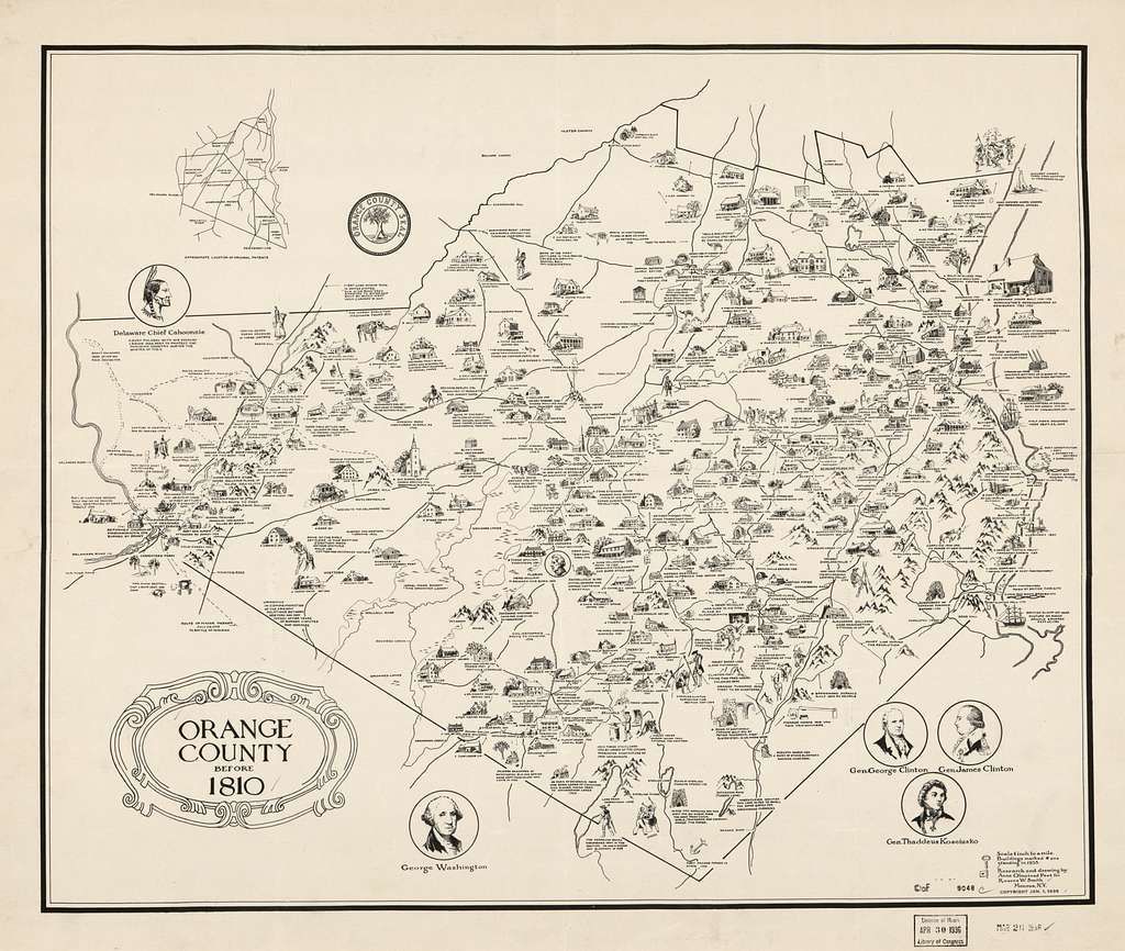 Map of Orange County, 1873, with labeled towns, landmarks, and portraits in black and white.
