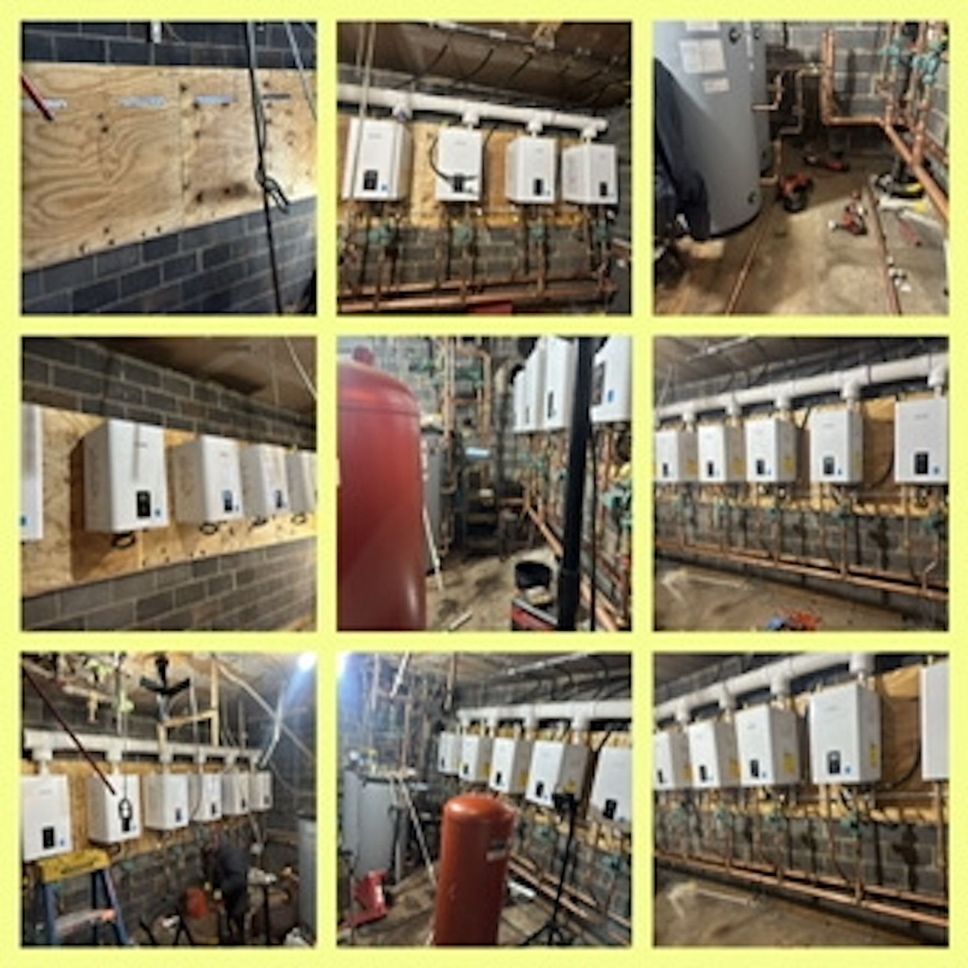A collage of pictures of a room with a lot of boilers