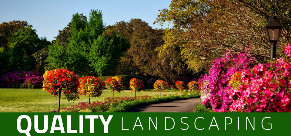 A lush garden path with flowering bushes and trees, featuring the text 