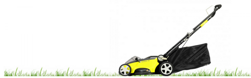 A yellow lawnmower with a black grass collection bag, positioned on a patch of green grass against a white background.