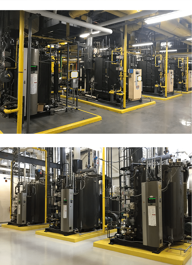 Industrial factory floor with yellow-framed machinery and conveyor equipment in rows