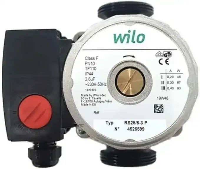 Wilo RS25/6-3 P circulation pump with a red speed selector switch, metallic housing, and technical specification label.