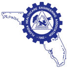 Florida Healthcare Engineering Association logo over Florida outline. Blue cog with text, triangle, and lightning bolt.