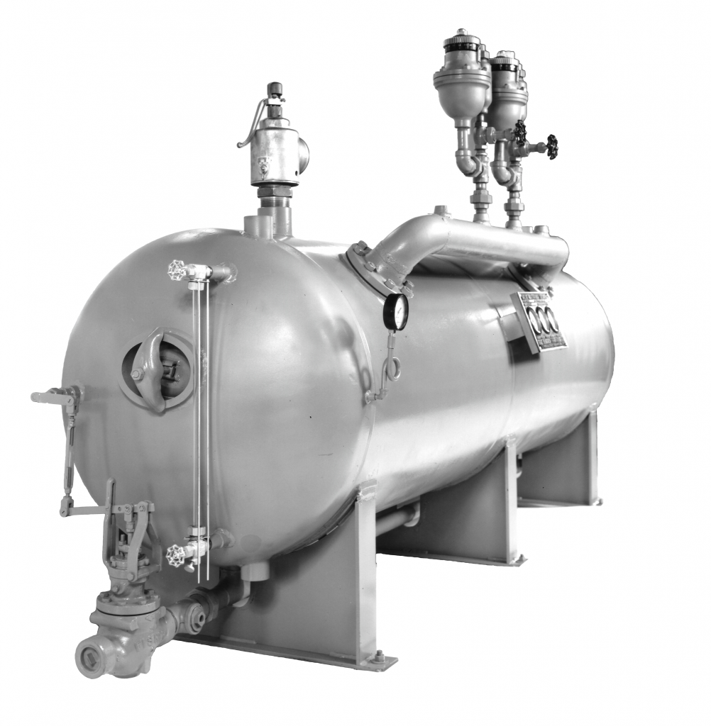 Silver industrial pressure vessel with pipes, valves, and gauges.
