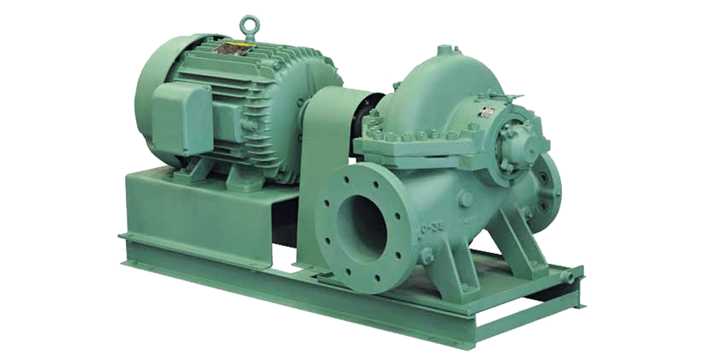 A green pump with a motor attached to it on a white background.