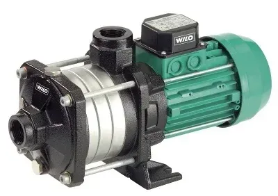 A Wilo multi-stage centrifugal water pump with a black cast iron housing and a green electric motor.