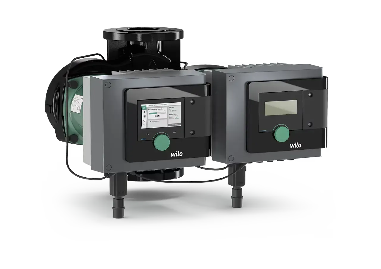 Dual-head Wilo industrial pump with two black electronic control modules and green dials, viewed against a white background.