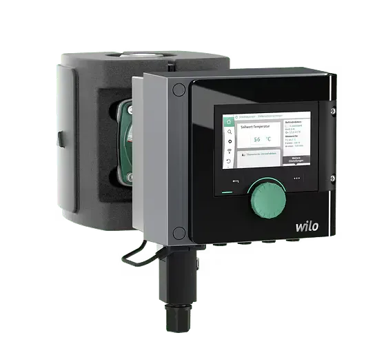 A Wilo industrial pump unit featuring a digital display screen and a prominent green control knob against a white background.