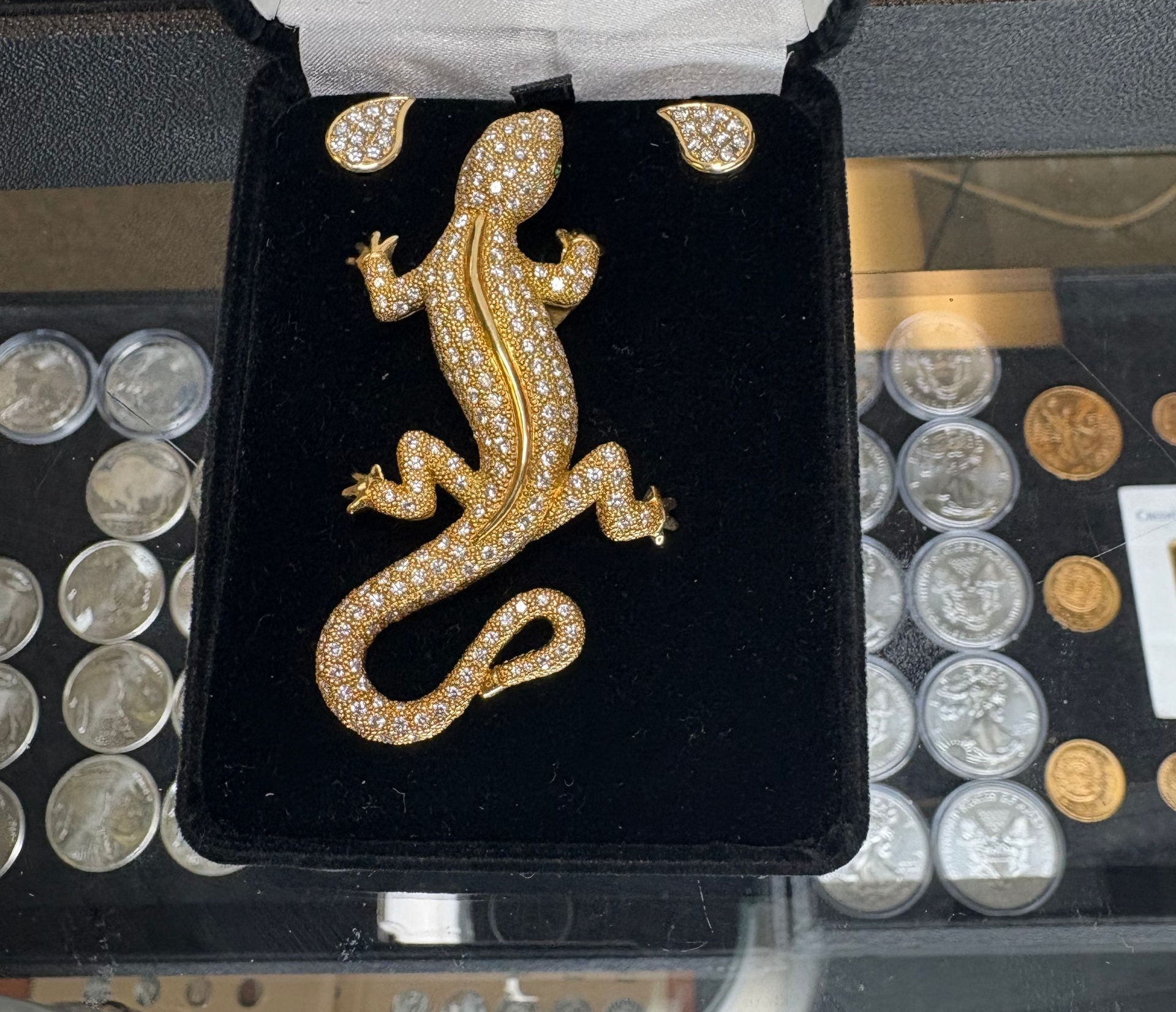 Gold-colored jeweled lizard brooch in a black display case, coins in background.