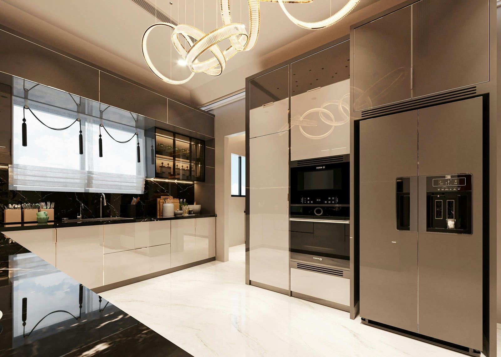 Modern kitchen with stainless steel appliances, black countertops, white cabinetry, and circular pendant lights