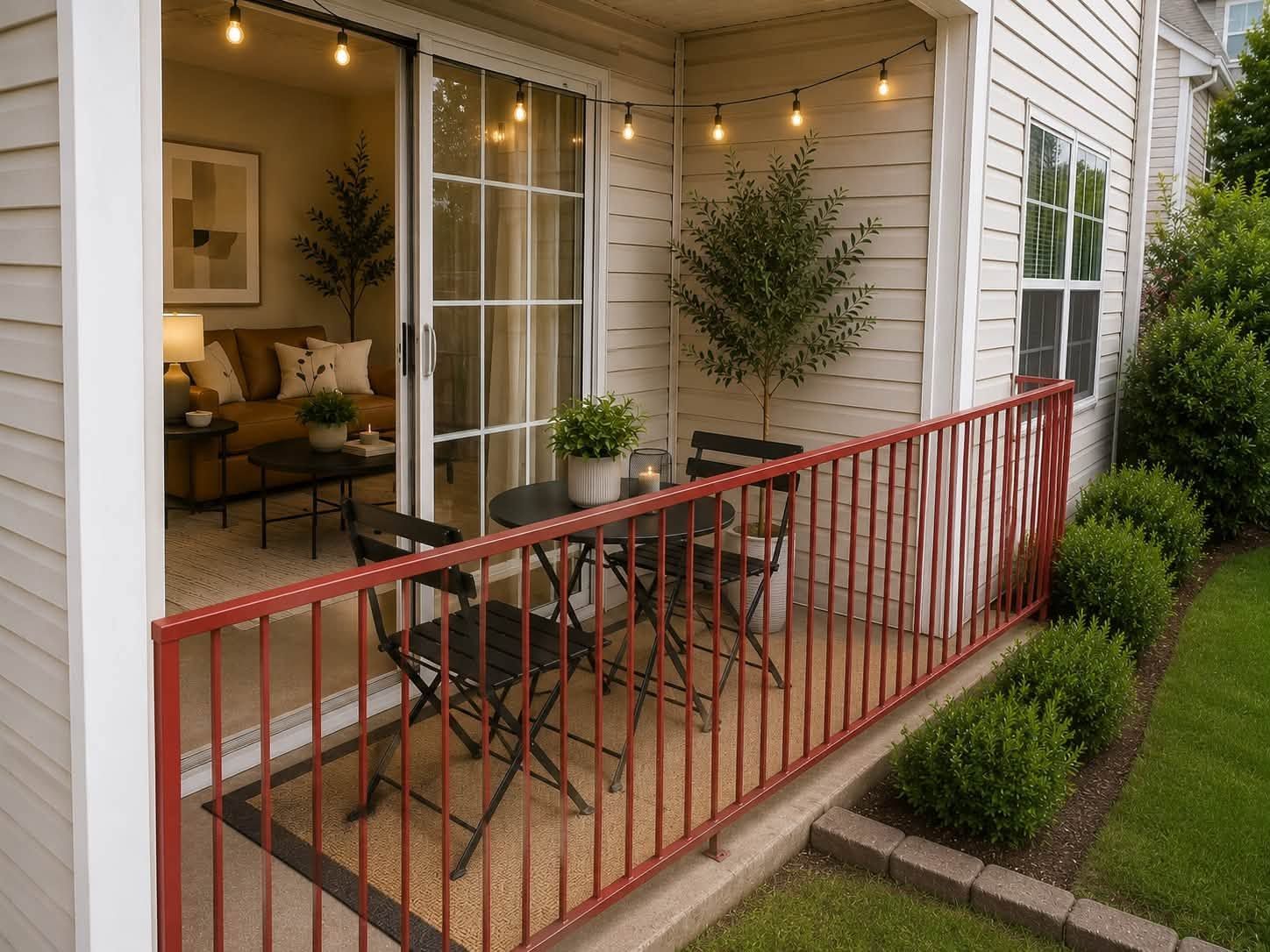 Small front porch with red railing, two chairs, potted plants, and warm string lights by a house entrance