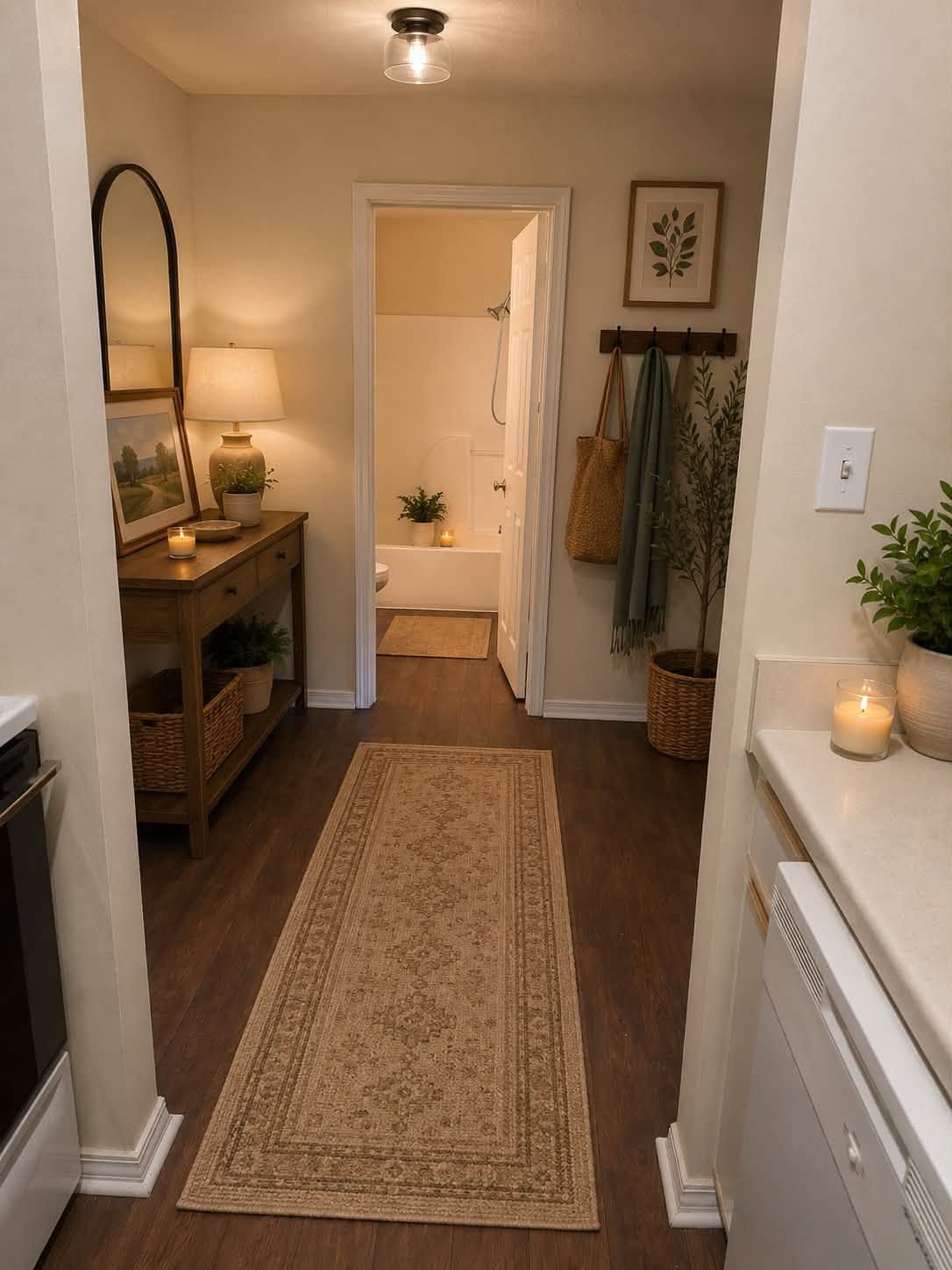 Narrow hallway with runner rug, console table and lamp on the left, coat rack and doorway at the end.
