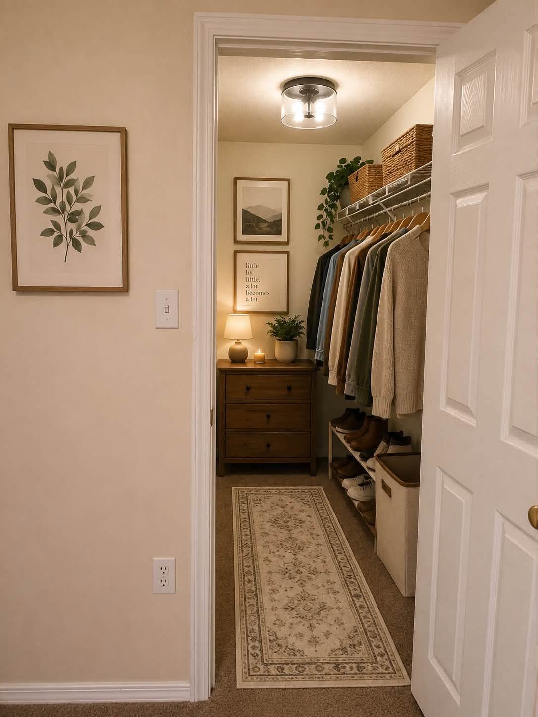 Narrow closet hallway with clothes on rods, dresser, rug runner, and open white door.