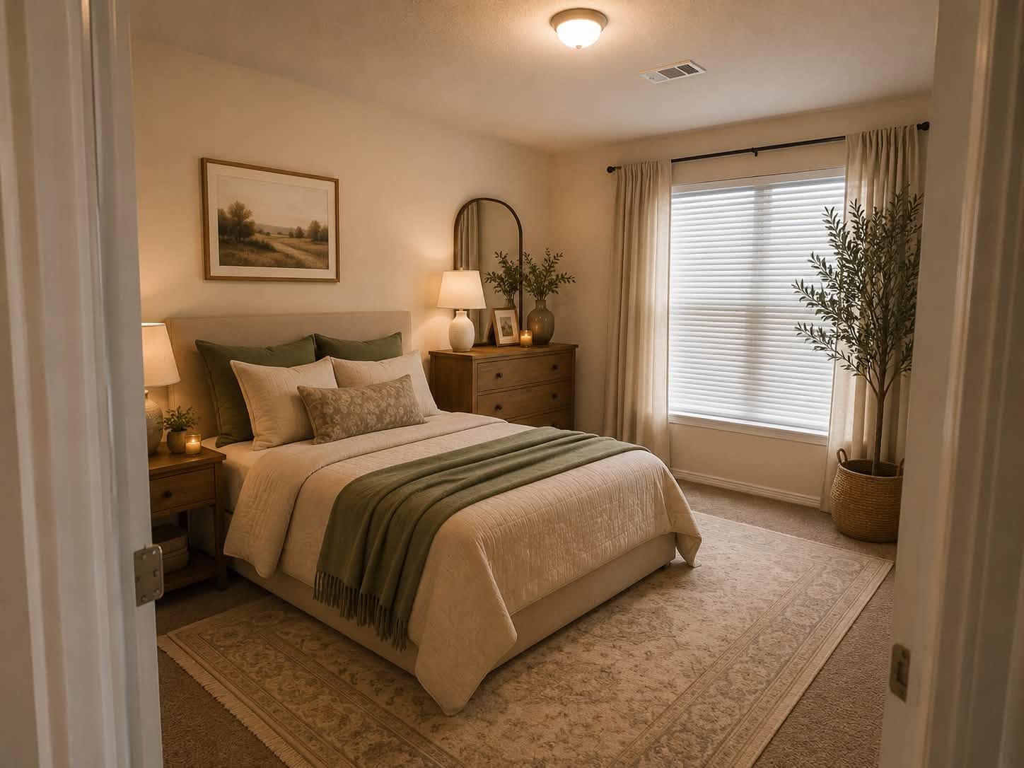 Cozy bedroom with a bed, dresser, window, and soft neutral decor