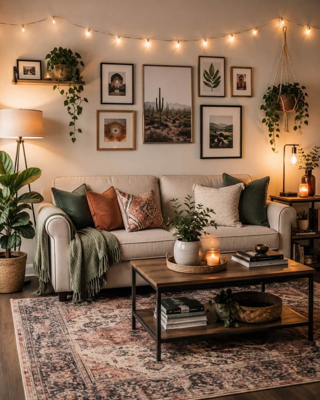 Cozy living room with beige sofa, warm string lights, framed wall art, plants, and patterned rug