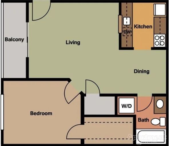 Apartment floor plan with balcony, living room, dining area, kitchen, bedroom, bath, and W/D.
