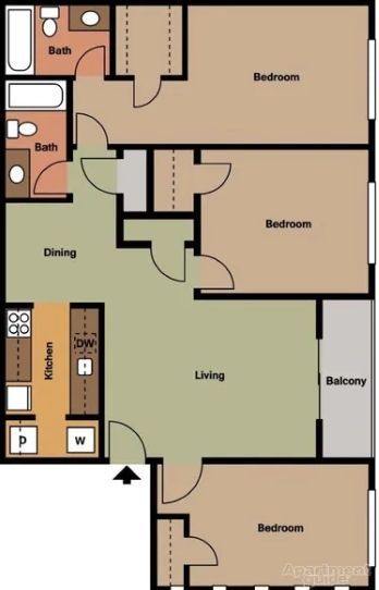 Apartment floor plan with living room, dining area, kitchen, three bedrooms, two baths, and a balcony.
