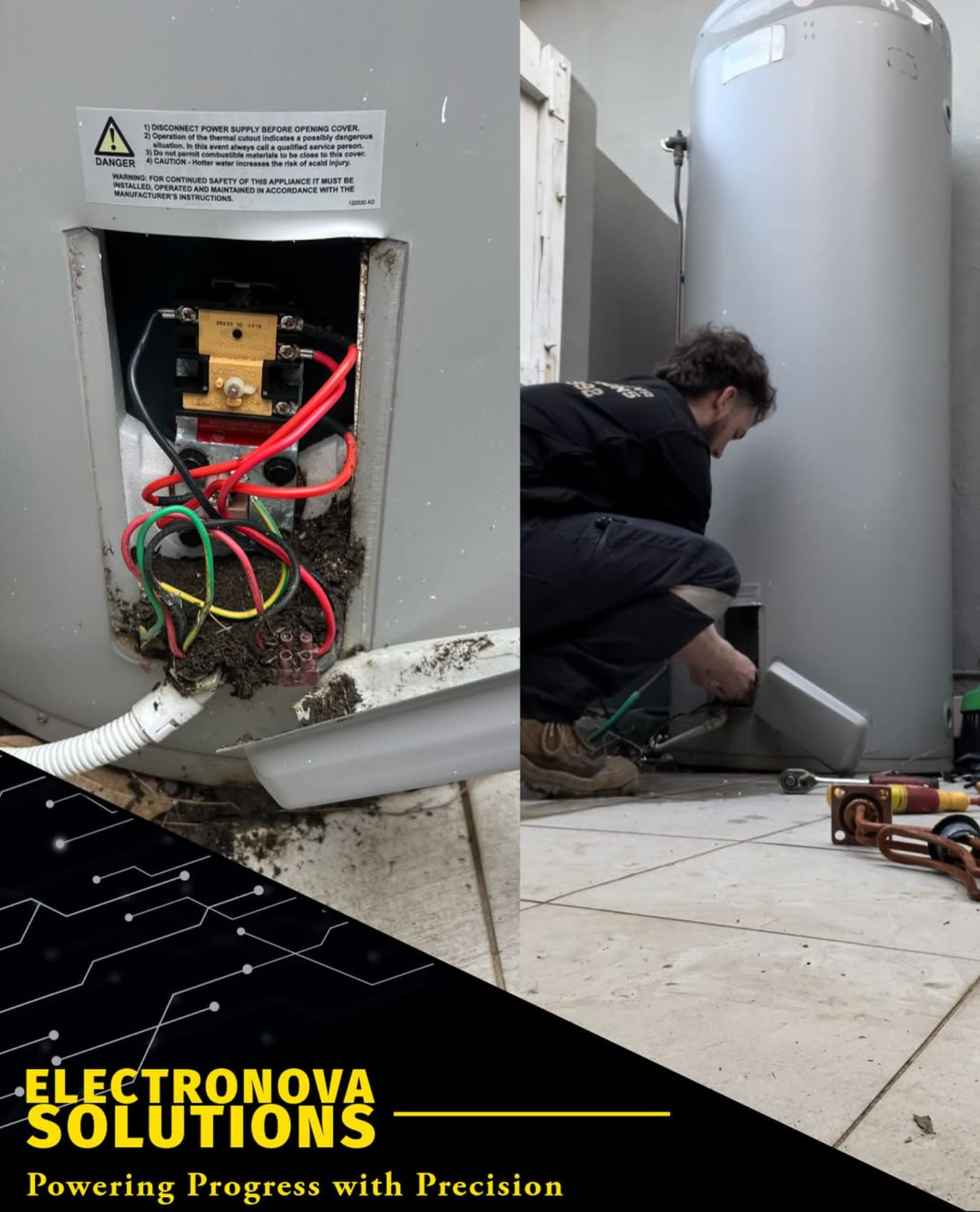Electrician working on a water heater. Wires, components visible. Inside a utility space.