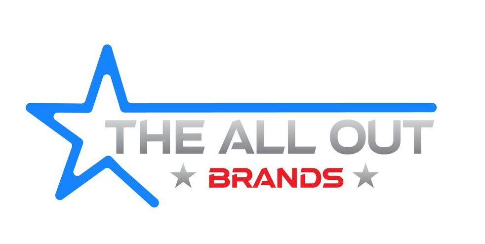 The all out brands logo with a blue star on a white background.
