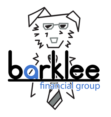 A logo for a financial group with a dog wearing glasses and a tie.