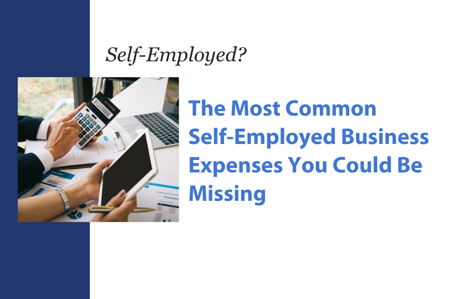 Hands exchanging credit card and tablet beside text: “The Most Common Self-Employed Business Expenses You Could Be Missing”