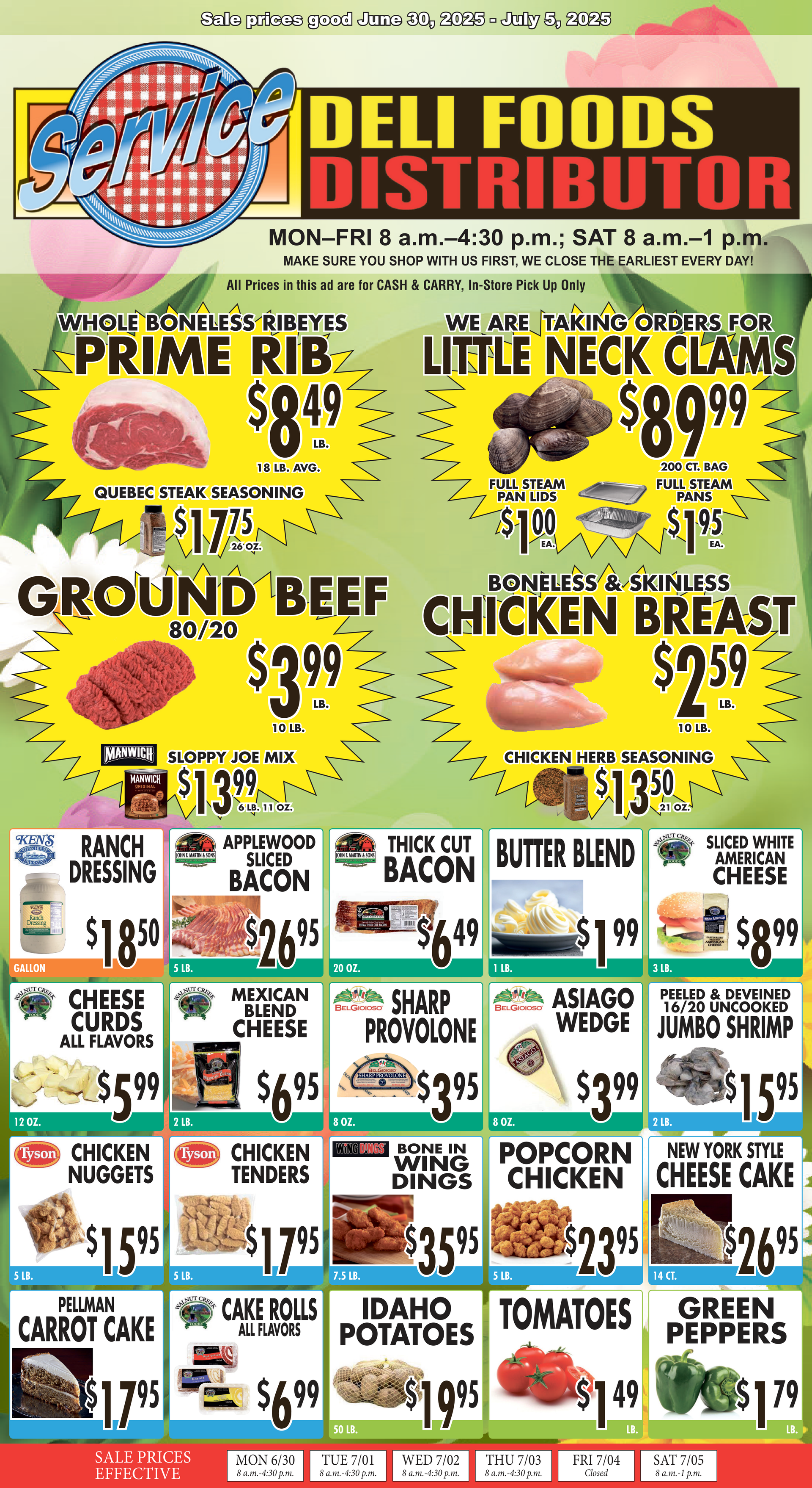 A flyer for a grocery store advertising pork ribs and clams. | Johnstown, New York | Service Deli Foods Distributor
