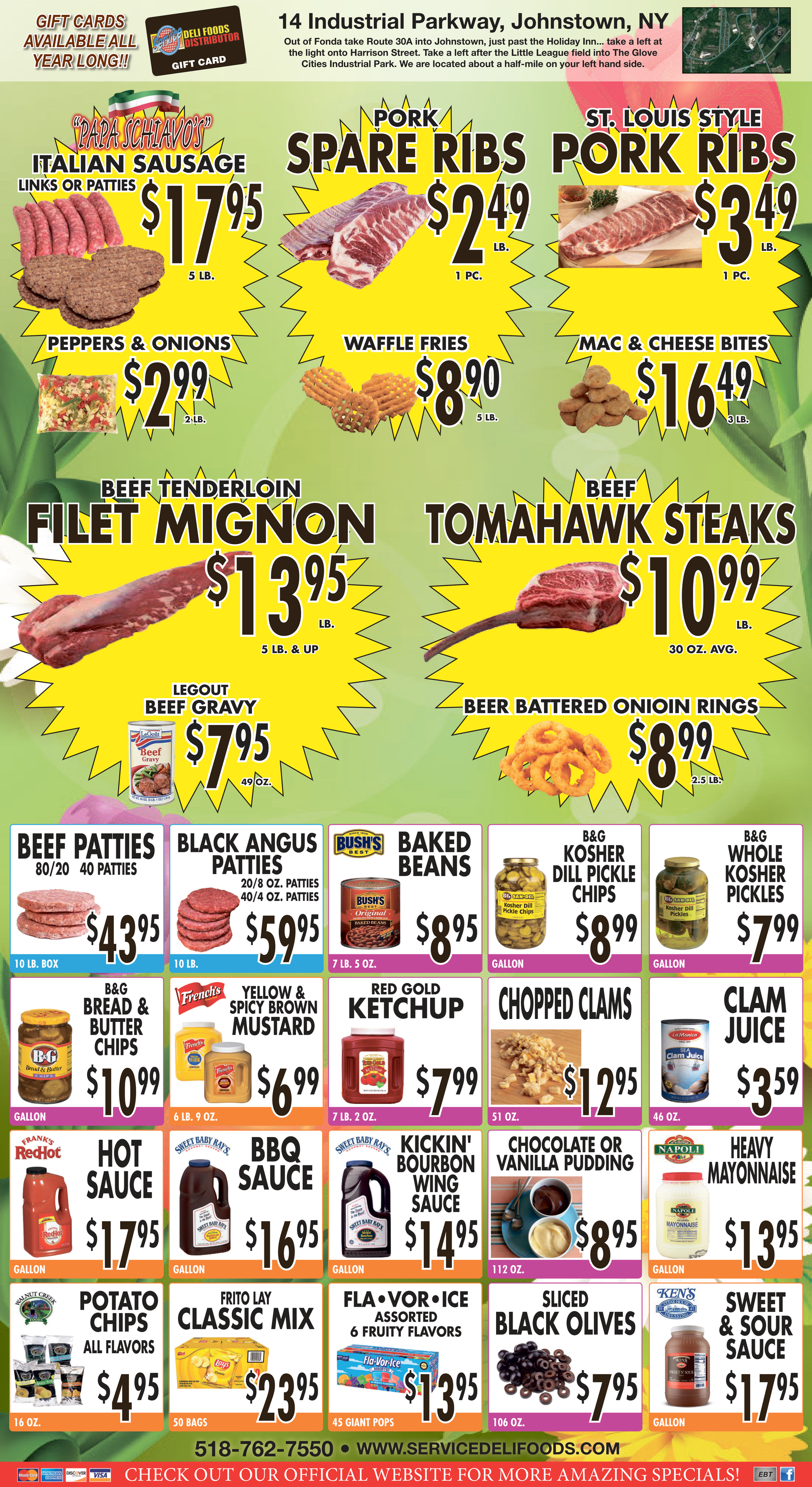 A flyer for a deli foods distributor shows a variety of foods for sale.| Johnstown, New York | Service Deli Foods Distributor