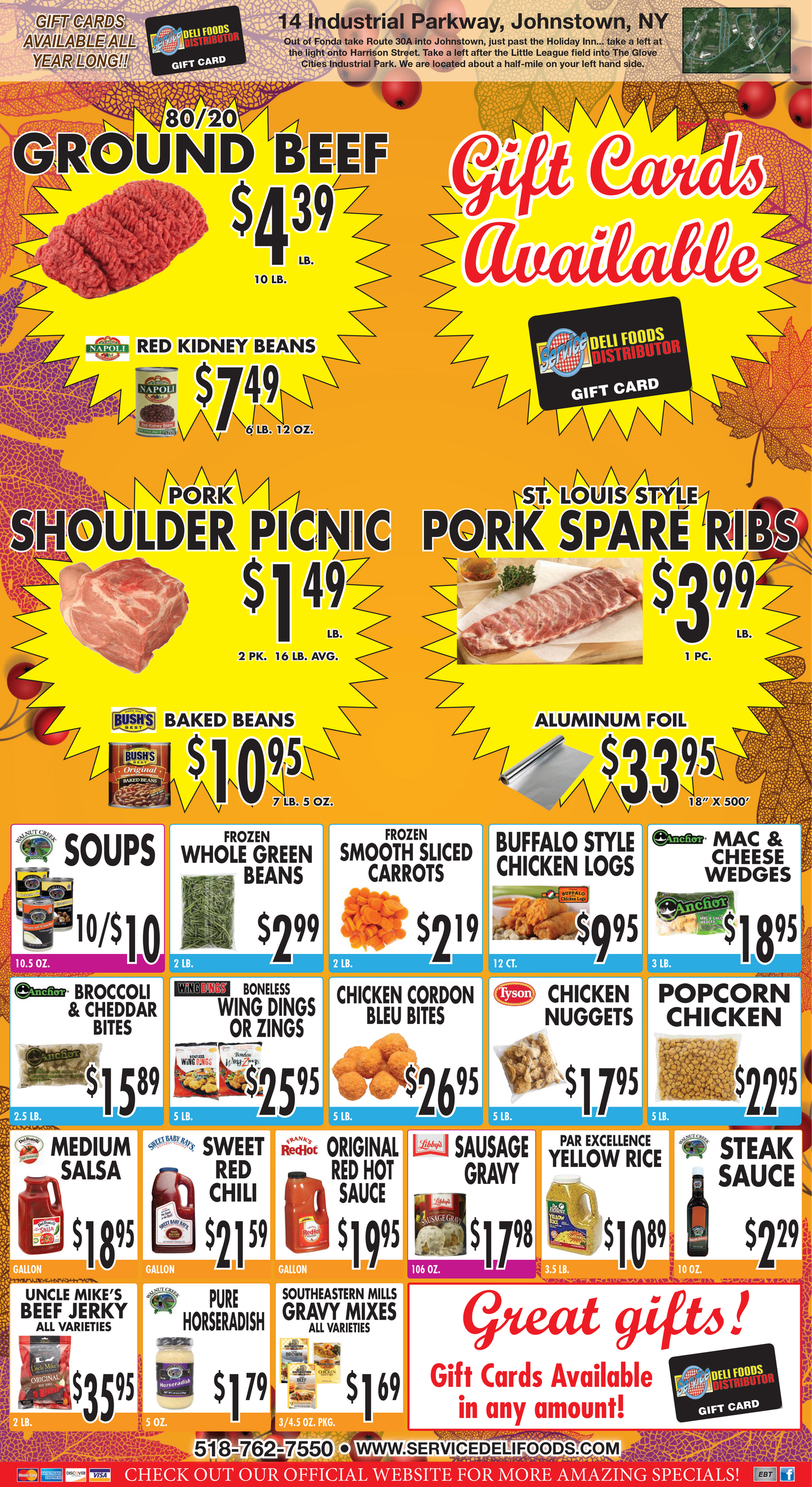 Grocery store ad: clams, wings, pork butt & ribs, sauces, salsa, and prepared foods like chicken.