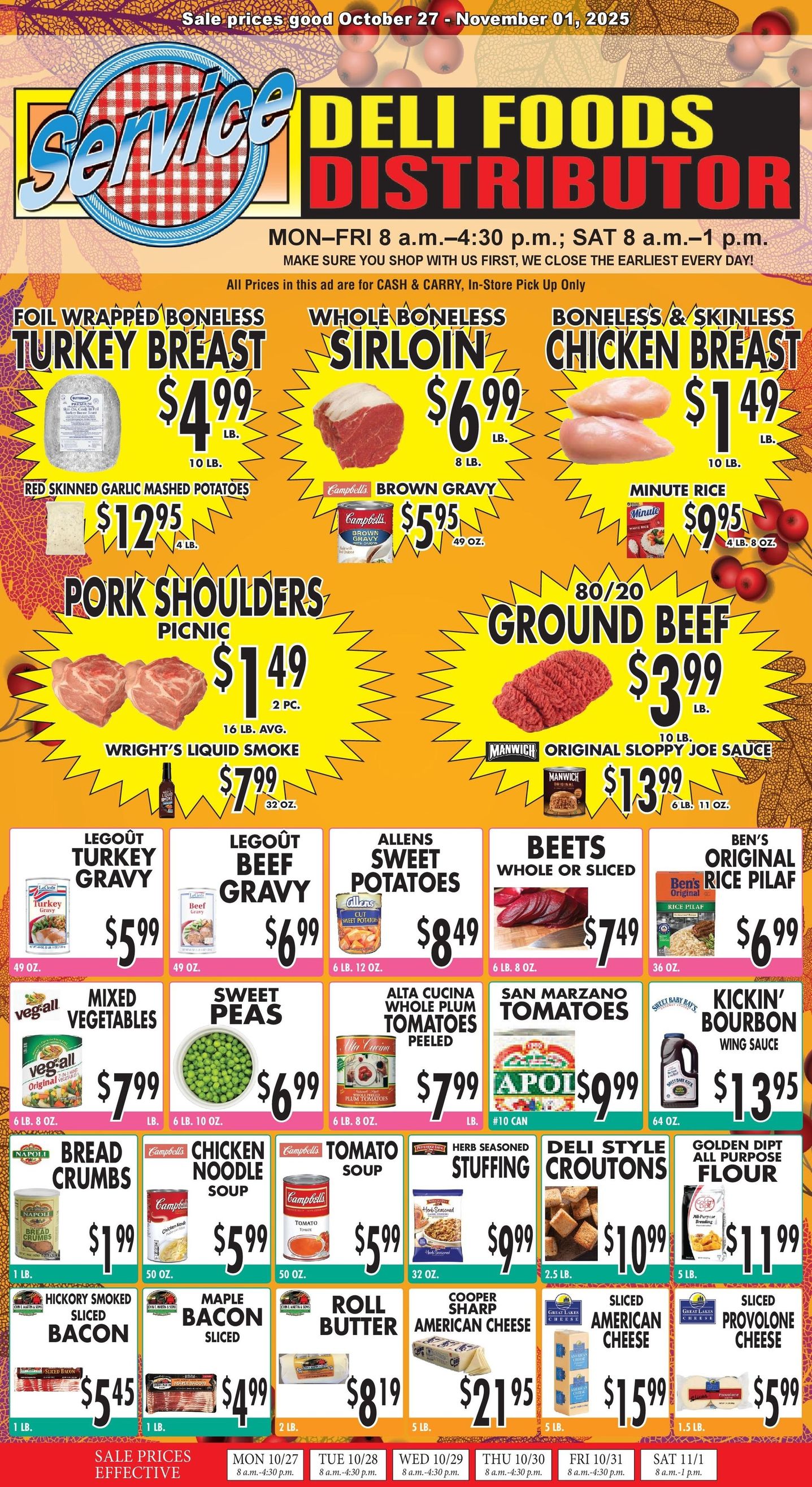 Grocery store deli foods sign with ground beef, chicken breast, pork loins, tenders, and beef brisket prices. Grocery store deli foods sign with ground beef, chicken breast, pork loins, tenders, and beef brisket prices.