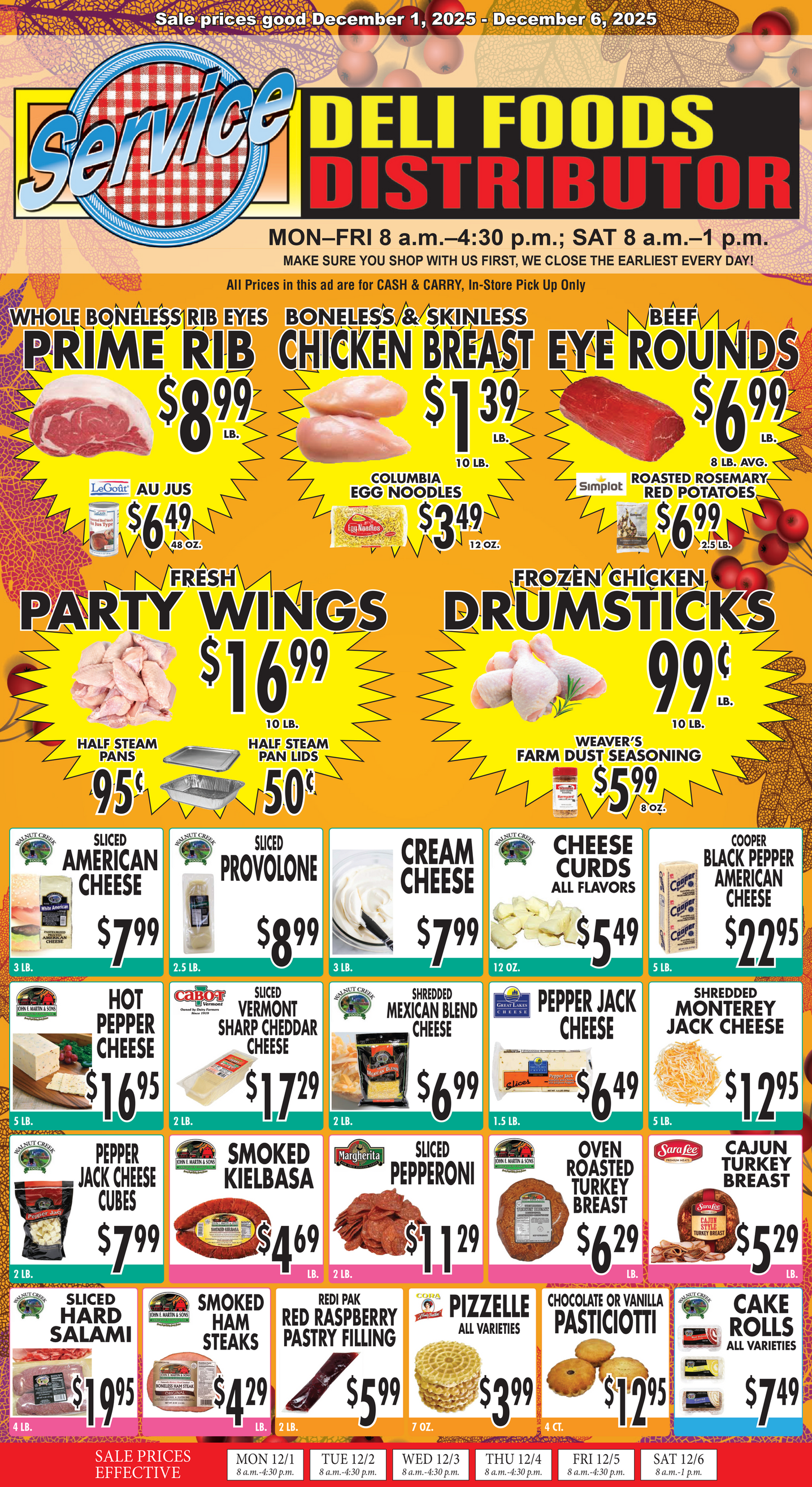 Grocery store deli foods sign with ground beef, chicken breast, pork loins, tenders, and beef brisket prices.