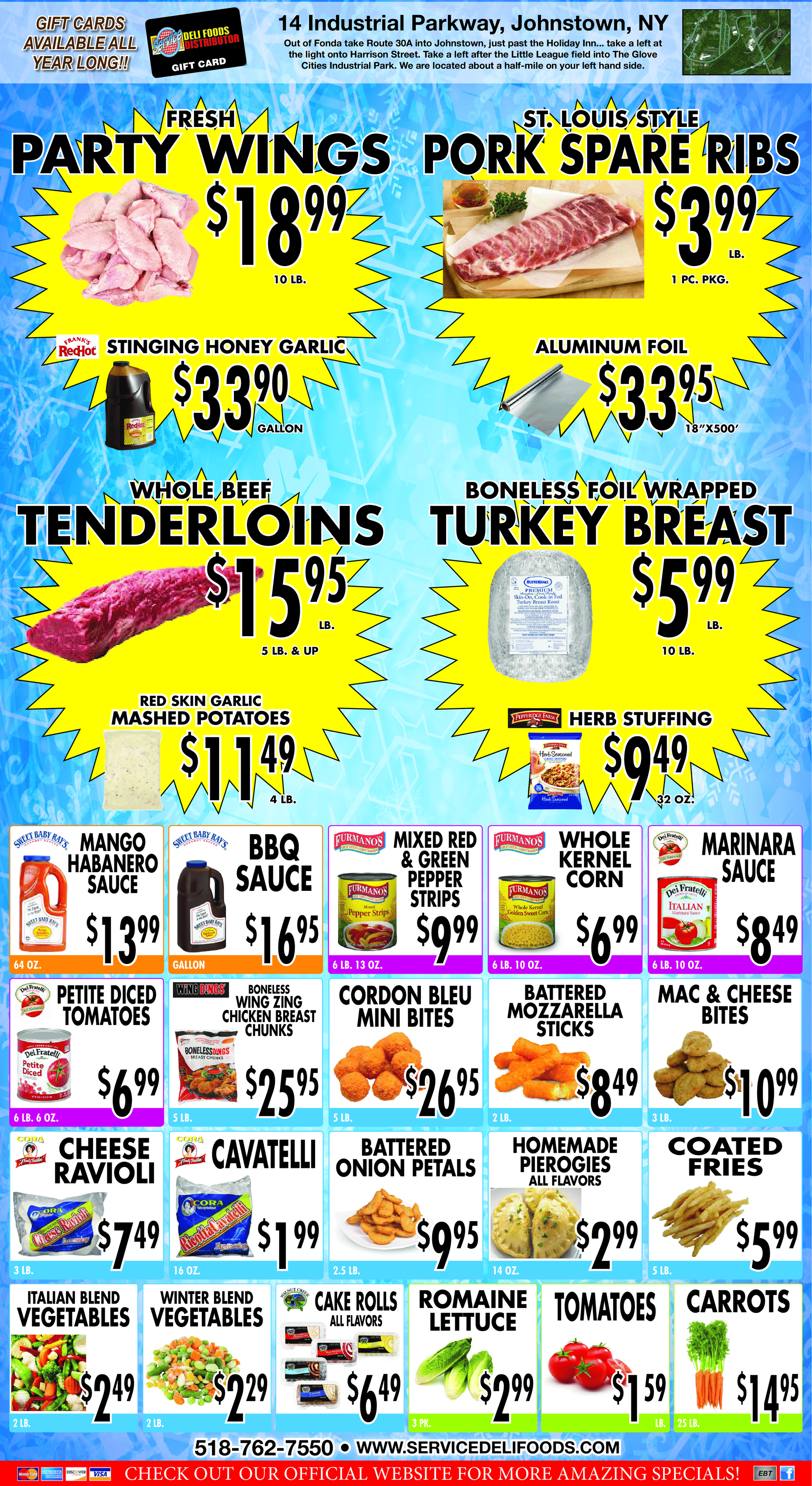 Grocery store ad: clams, wings, pork butt & ribs, sauces, salsa, and prepared foods like chicken.